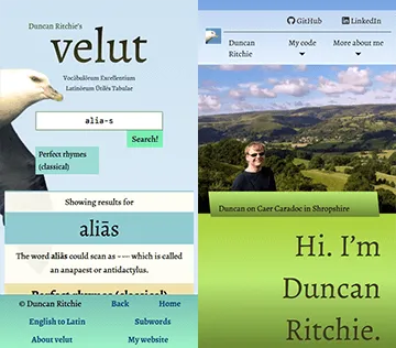 Screenshots of my Latin site and my portfolio redesign, on mobile