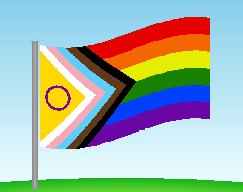 Rainbow flag of the intersex-inclusive design, with a flagpole and a sky background