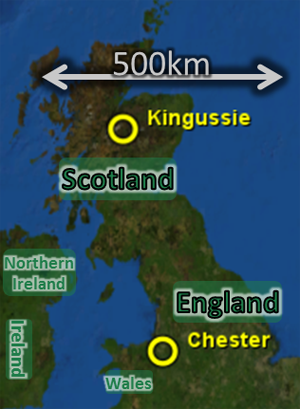 Map: for 2009Aug27, also appropriate for 2009Oct31, showing Kingussie, Chester, Scotland, etc.