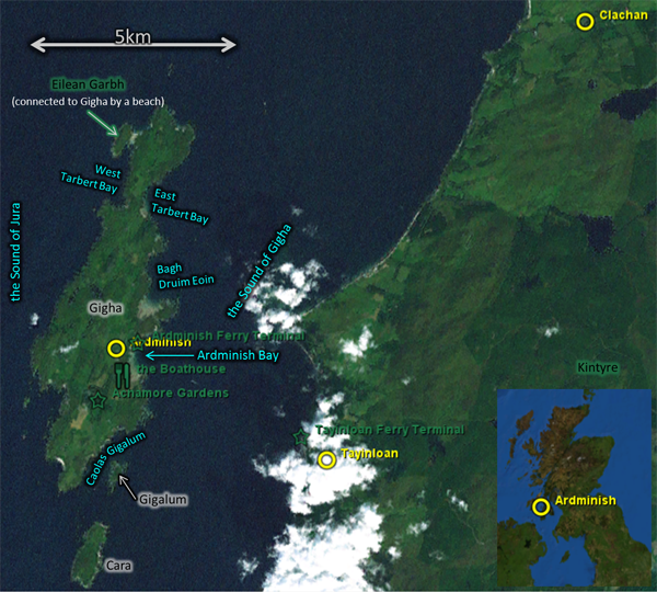 Map: for 2010Aug05, also appropriate for 2012Aug08, showing Clachan, Ardminish, the Boathouse, etc.