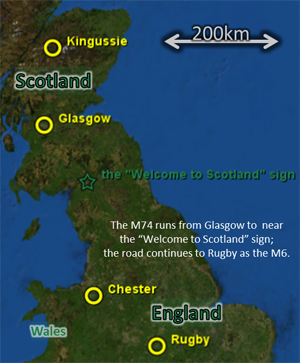 Map: for 2010Dec29, showing Chester, Kingussie, the "Welcome to Scotland" sign, etc.