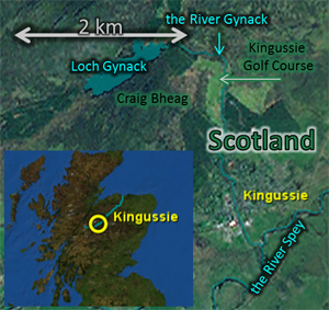 Map: for 2010Mar28, also appropriate for 2010Mar30, showing Kingussie, Craig Bheag, Kingussie Golf Course, etc.