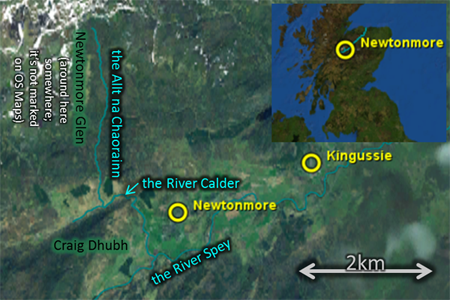 Map: for 2010Mar29, showing Kingussie, Newtonmore Glen, the Allt na Chaorainn, etc.