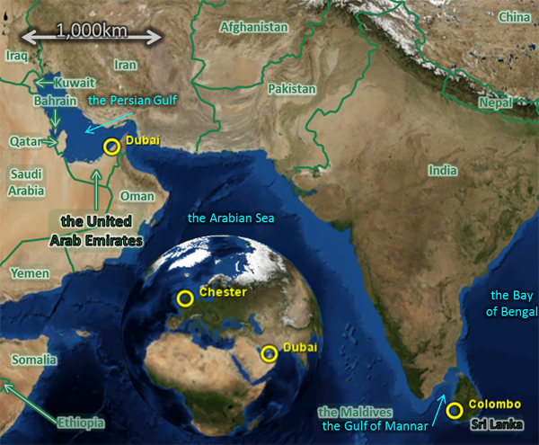 Map: for 2011Apr09, showing Chester, Colombo, the United Arab Emirates, etc.