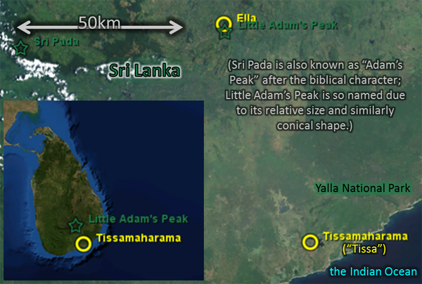 Map: for 2011Apr13, showing Tissamaharama, Yala National Park, Little Adam’s Peak, etc.