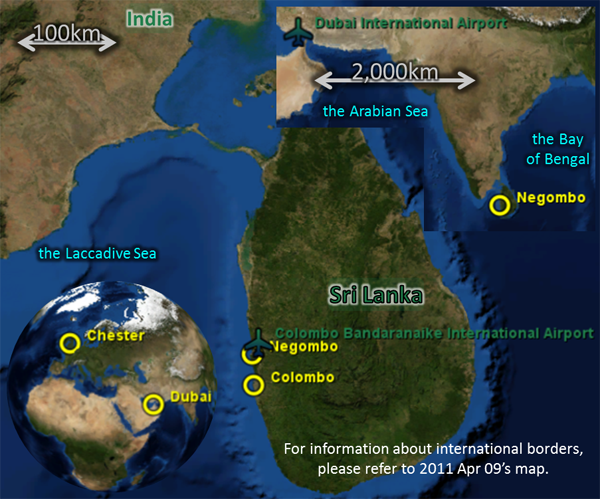 Map: for 2011Apr23, showing Negombo, Colombo Bandaranaike International Airport, Dubai, etc.