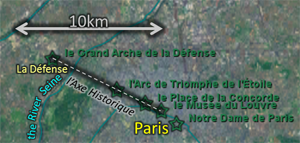 Map: for 2012Apr04, showing Paris, l’Arc de Triomphe de l’Étoile, l’Axe Historique, etc. Click for a larger map.