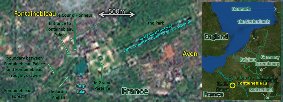 Map: for 2012Apr05, showing Paris, Fontainebleau Palace, Carp Lake, etc.