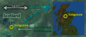 Map: for 2012Apr09, showing Kingussie, Insh Marshes RSPB Reserve, Loch Insh, etc.