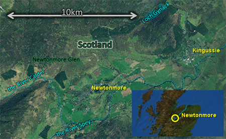 Map: for 2012Apr11, showing Kingussie, Newtonmore, the River Calder, etc.