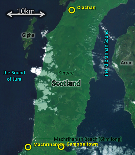 Map: for 2012Aug14, showing Clachan, Machrihanish Beach, Campbeltown, etc.