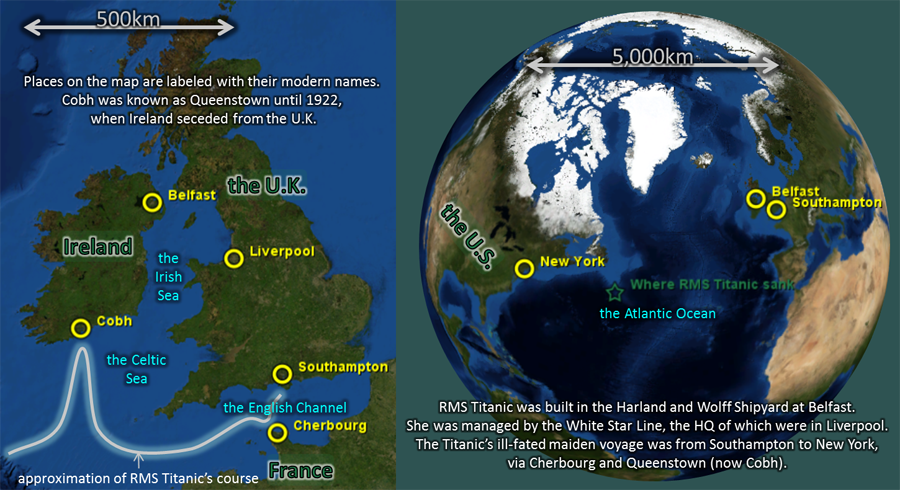 Map: for 2012Mar29 showing Southampton, New York, the course of RMS Titanic, etc.