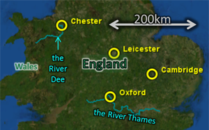 Satellite map of part of Britain with four cities and two rivers labelled