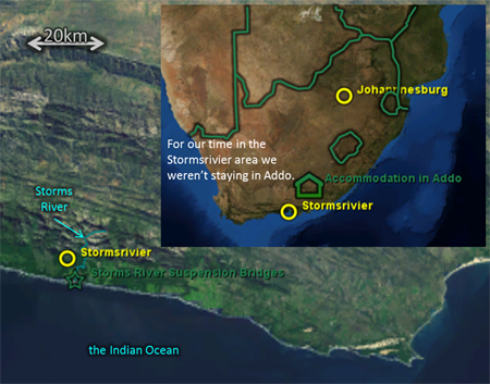 Map: for 2013 Apr 02, showing Stormsrivier, Storms River, Storms River Suspension Bridges, etc.