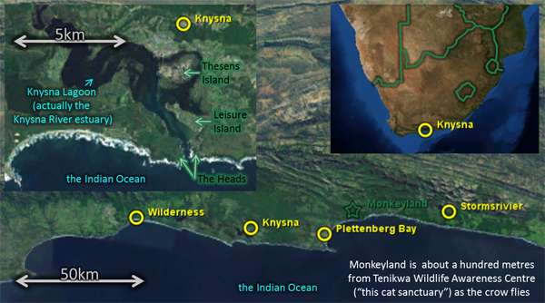 Map: for 2013Apr03, showing Wilderness, Monkeyland, Knysna Lagoon, etc.