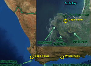 Map: for 2013Apr06, showing Wilderness, Cape Town, the V&A Waterfront