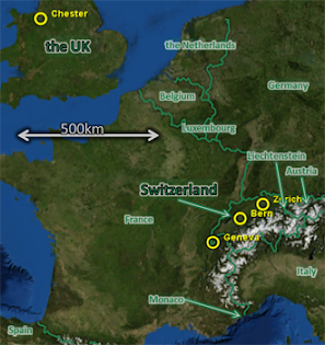 Map: for 2013 Dec 03, showing Geneva, Chester, countries around Switzerland, etc.