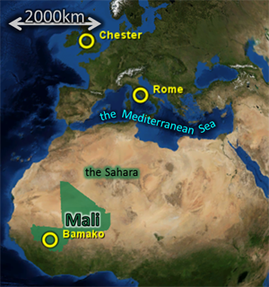 Map: for 2013Feb04, showing Chester, Mali, the Mediterranean Sea, etc.