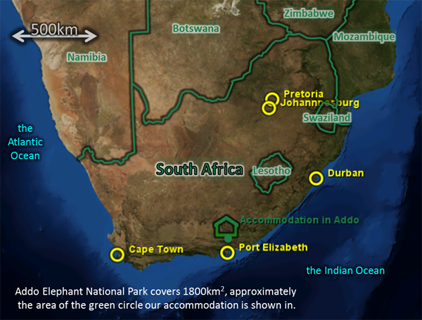 Map: for 2013Mar30, showing Port Elizabeth, our Accommodation in Addo, Addo Elephant National Park, etc.