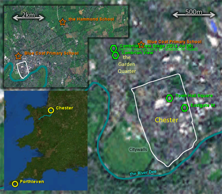 Map: for 2014 Jul 06, showing Chester, Town Hall Square, the Cambrian View Stage, etc.