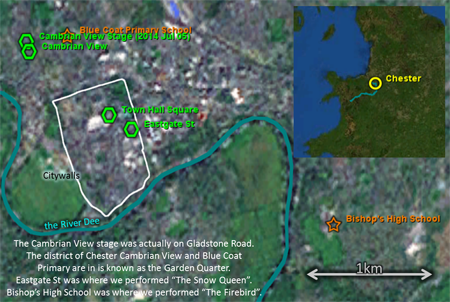 Map: for 2014Jun07, also used for 2014 Jul 05, showing Chester, Town Hall Square, the Cambrian View Stage, etc.