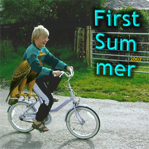 The text “First Summer 2007” on top of a photo of me riding a bike with a clip-art eagle under my arm